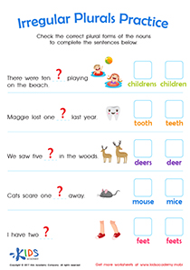 Irregular Plural Nouns Worksheet, Printable PDF for Kids